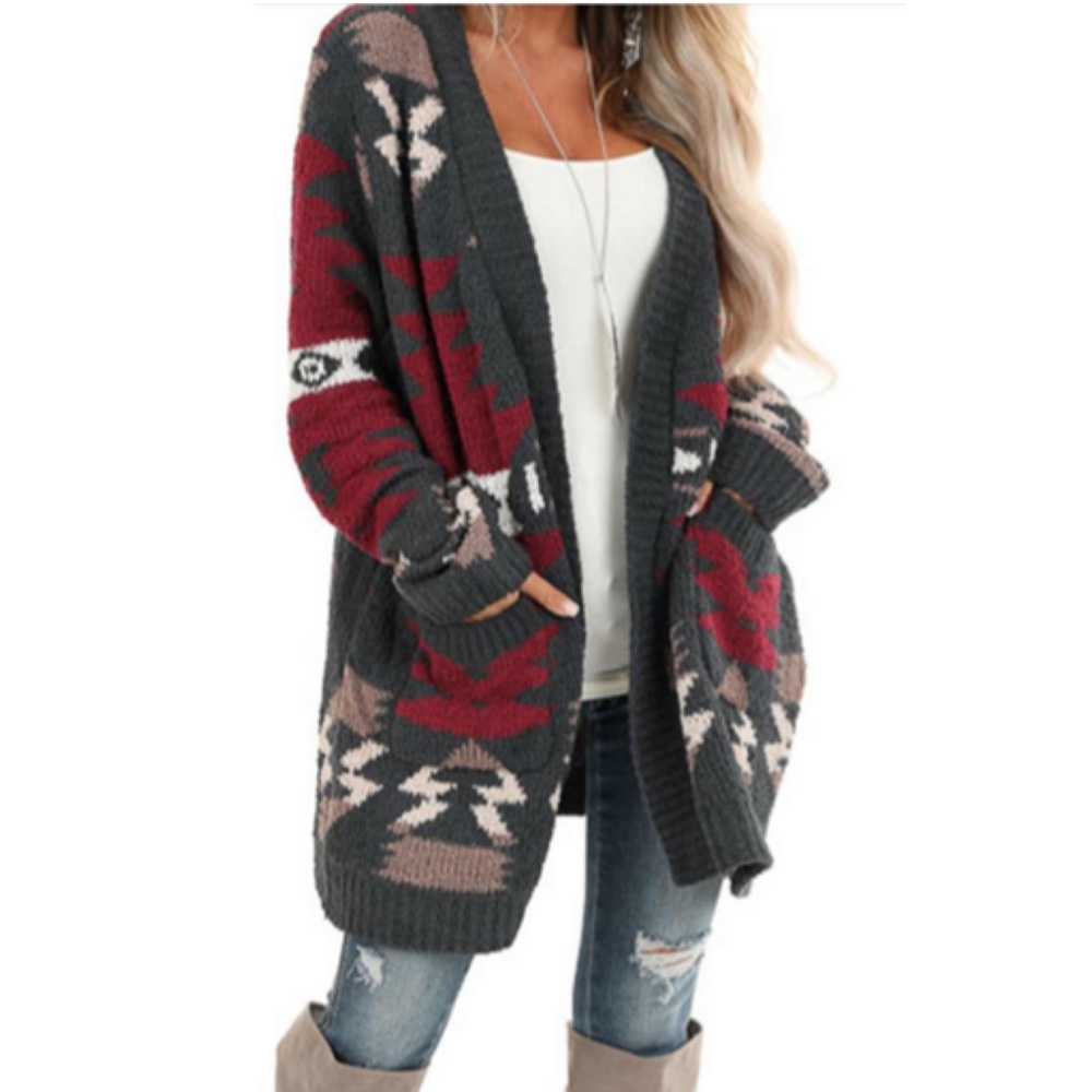 Boho Aztec Tribal Print Cardigan Color Charcoal - Picture 6 of 11